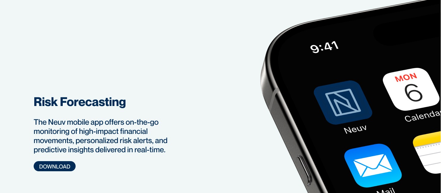 Neuv Risk Forecasting screen shown in a phone-in-hand mockup.