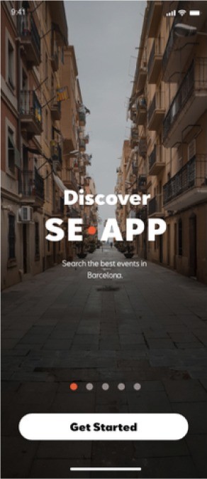 SE-APP discover screen inviting users to search the best events in Barcelona.