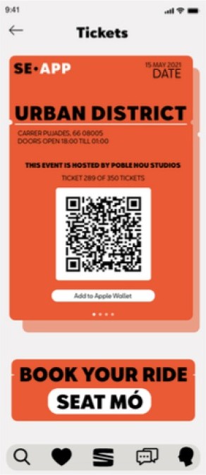 SE-APP ticket screen with a QR code and a book-your-ride prompt.
